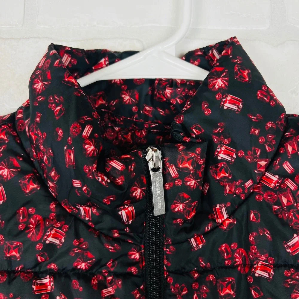 Michael Kors Women Ruby Gemstone Print Puffer Vest Black Red Zip Up Large